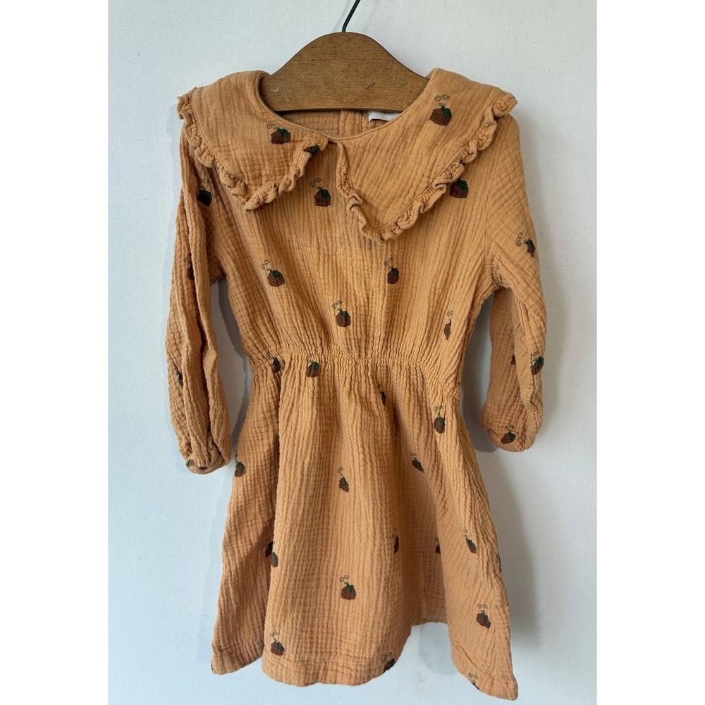 Tinycottons Gauze Cabin Fall Print Ruffle Collar Dress Girls 4Y Orange Excellent